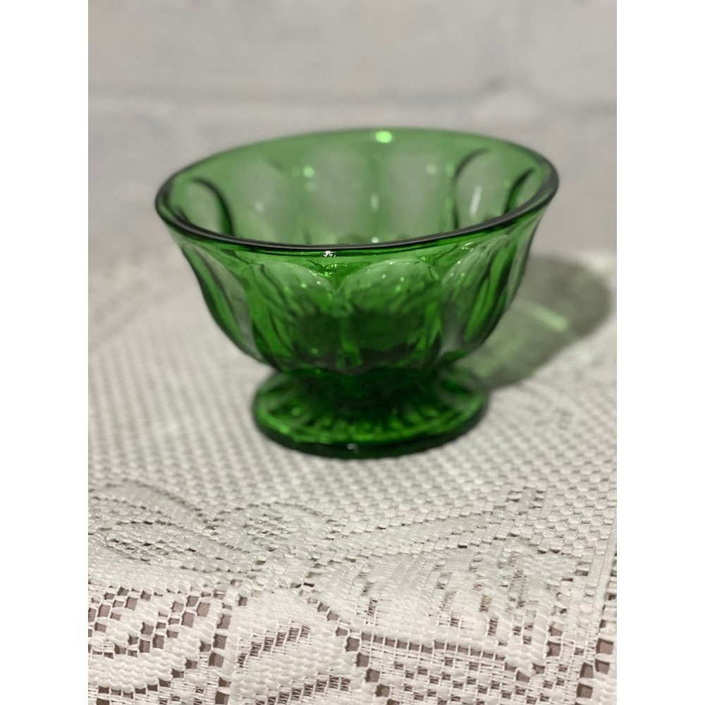 Bowl, Vintage Anchor Hocking Emerald Green Depression Glass Footed Bowl